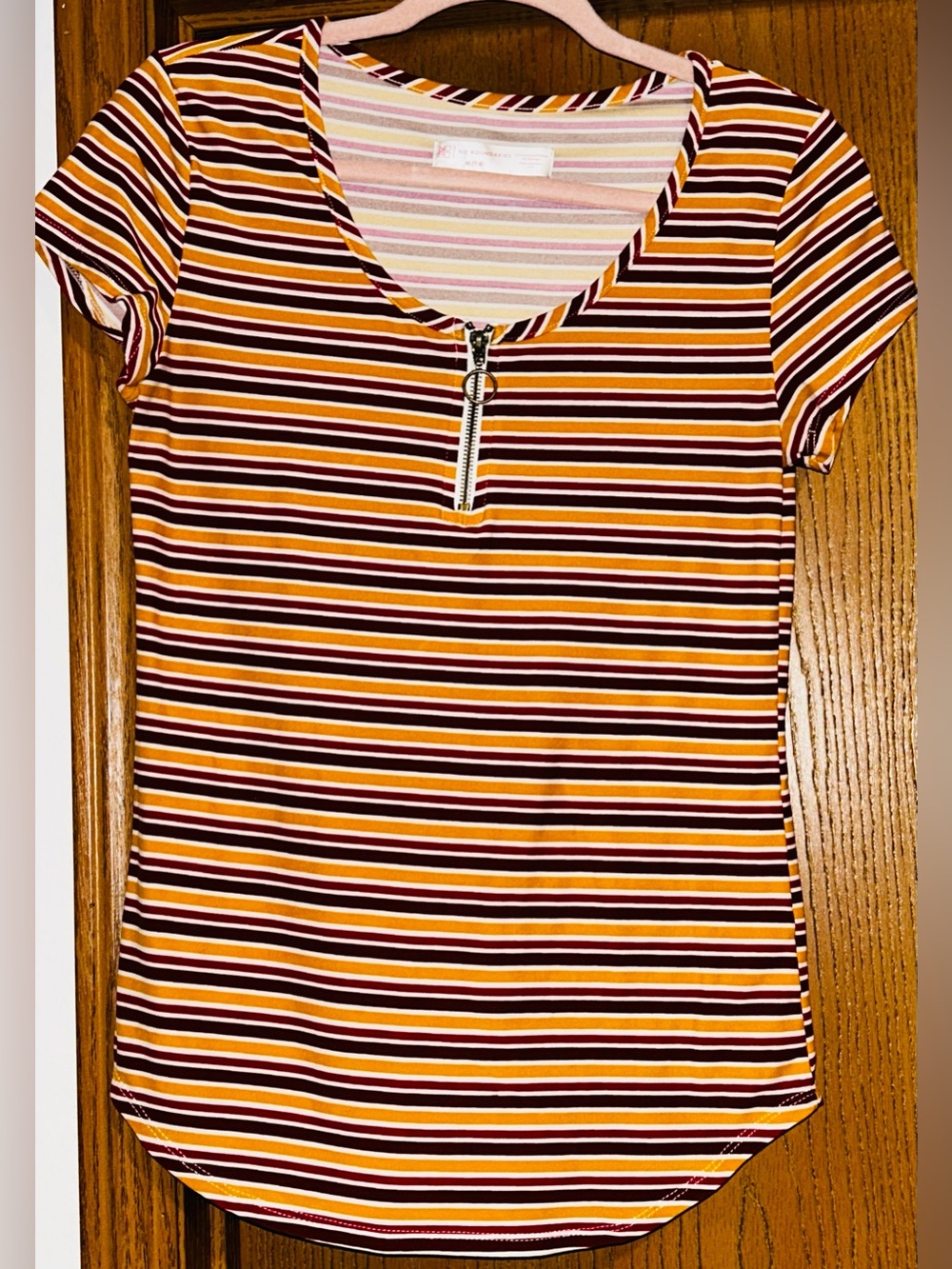 No Boundaries Maroon, Mustard & White Striped Zip-Front Short Sleeve Top
